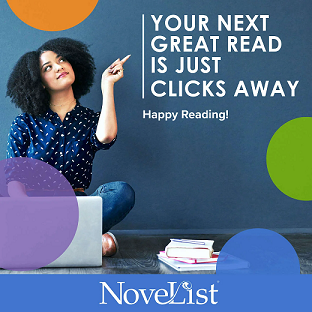 women sitting with a laptop pointing to &quot;Your Next Great Read Is Just Clicks Away&quot;
