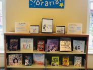 A children's book display with lots of books