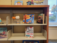 A closeup of books and art displayed on library bookshelves.